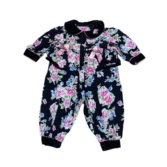 Floral Canvas Velvet Romper Buttoned Closure Bottom Jogger Vintage 6-9 Months - Picture 9 of 10
